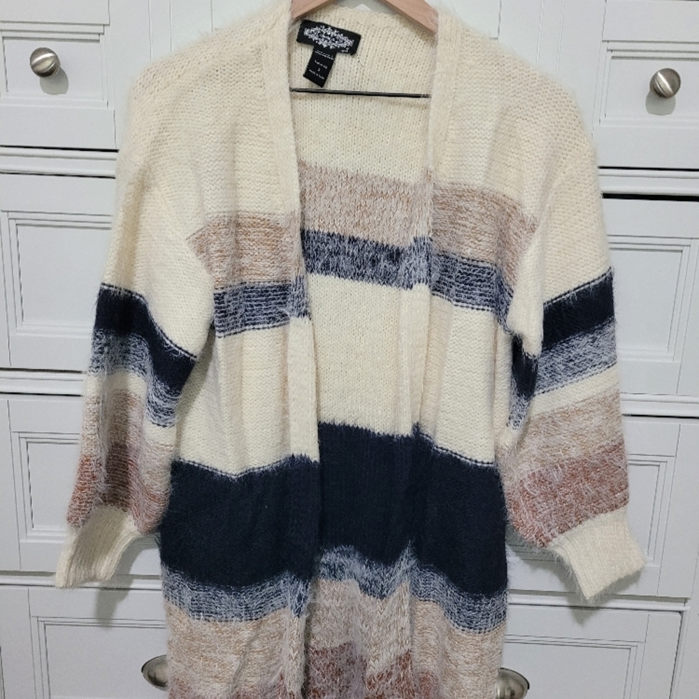 Cozy Striped Open-Front Sweater - Cream, Navy, and Beige